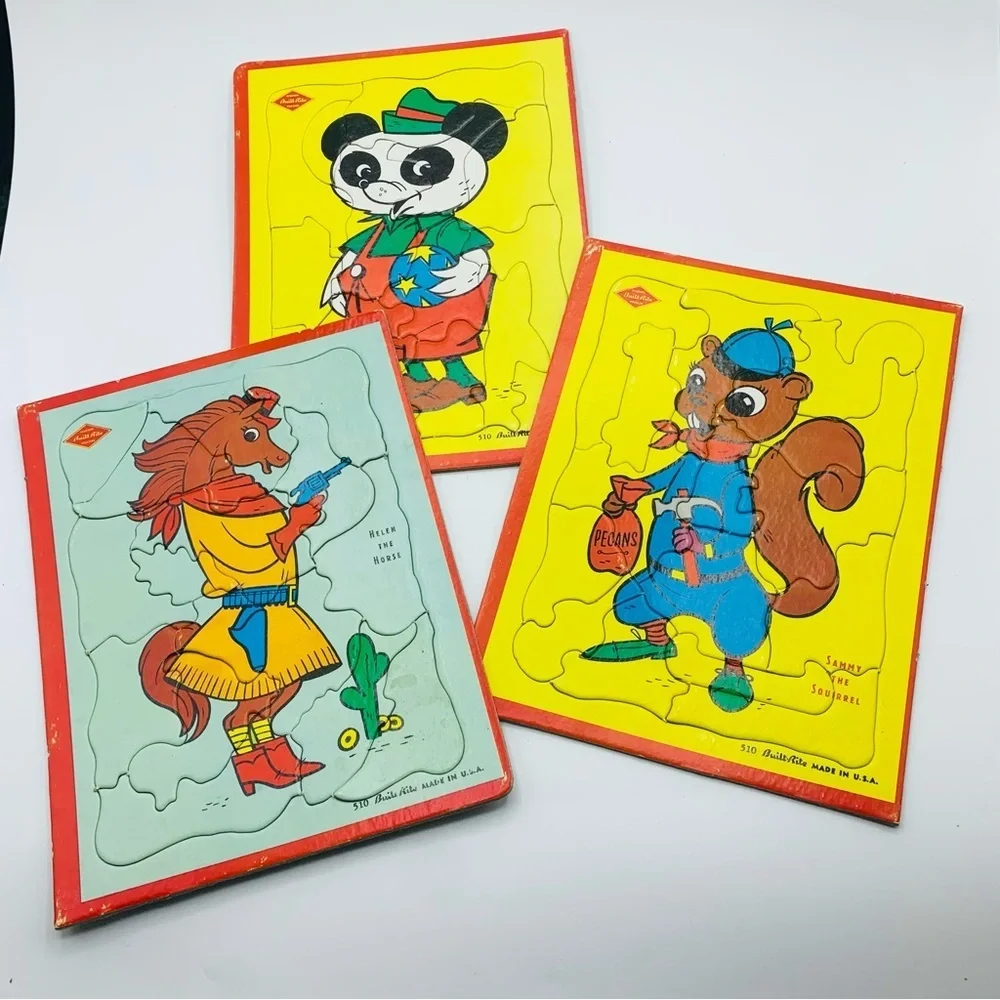 Vintage Built-Rite Animal Tray Puzzles – Set of 3 (Percy Panda, Sammy Squirrel)